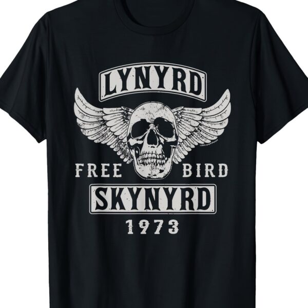 A black t-shirt with a vintage 'Free Bird Skull 1973' design