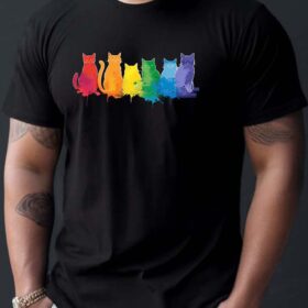 Colorful Rainbow Cat Design Printed T-shirt, Men's Minimalist T-shirt, Summer Casual Short Sleeved T-shirt
