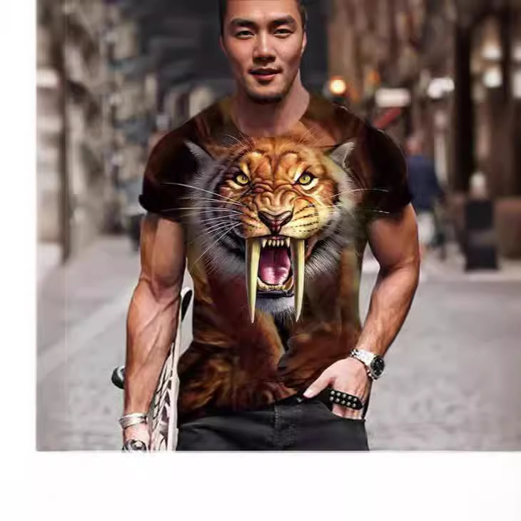 A men's t-shirt with a vibrant and colorful abstract print.